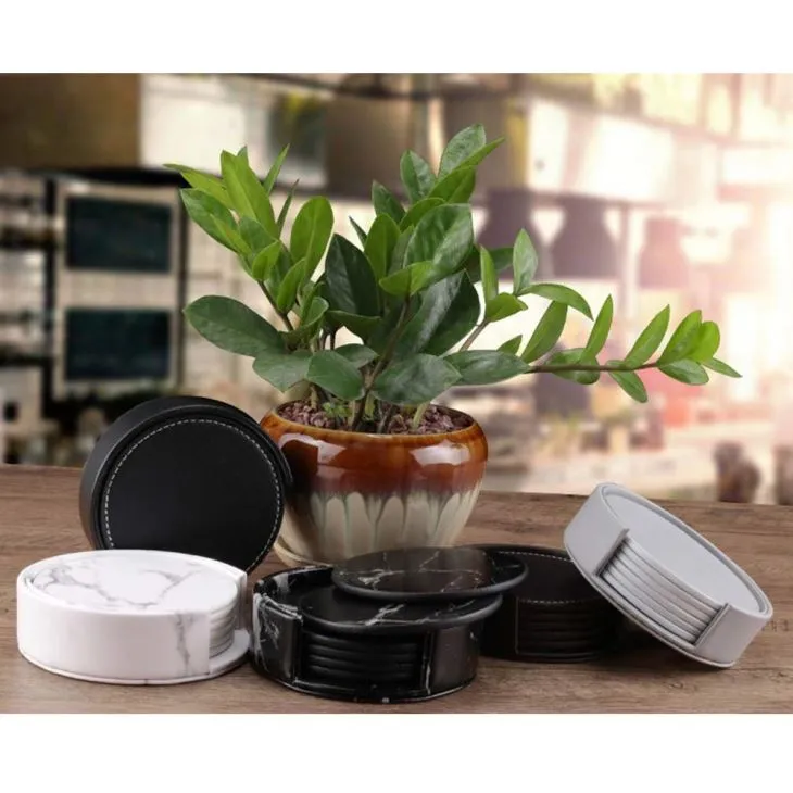 Round Leather Coasters With Holder Round Leather Coasters With Holder